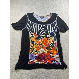 Multiples Black & Multicolor Floral Zebra Print Top Size PL BloomCore